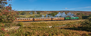 North Yorks steam train This landscape photograph captures a steam train traveling through the rural scenery of the North Yorkshire Moors in the United Kingdom during an autumn afternoon in 2018. The North Yorks steam train, featuring traditional carriages and a locomotive emitting visible steam, is depicted as it moves across the open countryside, with natural moorland and rolling hills in the background. The image clearly represents transport in North Yorkshire, showcasing the historical significance of train travel in this region.